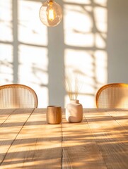 Poster - Minimalist Sunlit Conference Setup Rattan Chairs and Wooden Table with Ceramic Decor - Contemporary Office Design and Collaborative Work Inspiration