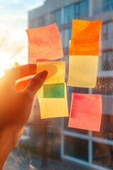 Aufkleber - Contemporary Team Dynamics Creative Sticky Notes on Glass Wall - Agile Office Design for Enhanced Collaboration in Corporate Environments