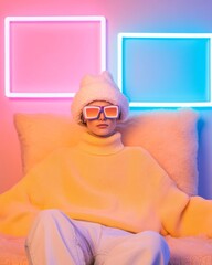 Poster - Neon Pastel Lounge Playful Knitwear and Modern Accessories for Trendy Visual Merchandising and Youthful Art Installations