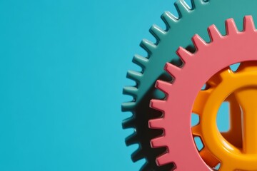 Aufkleber - Vibrant Mechanical Gear Assembly Colorful Interlocking Components on Bold Blue - Modern Industrial Design and Business Synergy Visual for Engineering Innovation