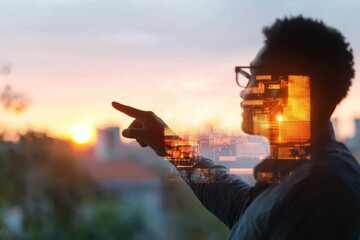 Leinwandbilder - Futuristic Cybersecurity Interface Professional in Glass Office Analyzing Digital Security Data with Holographic Displays - Advanced IT Solutions for Business Intelligence