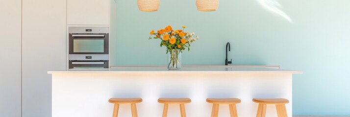 Aufkleber - Scandinavian Minimalist Kitchen Sleek White Cabinets and Natural Accents - Interior Design for Sustainable Renovations and Modern Home Aesthetics