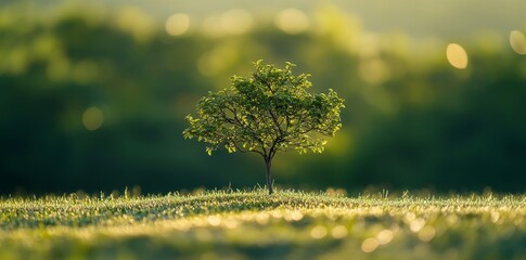 Sticker - A single tree growing on the grass, with a green background, sunlight, and a bokeh effect.