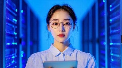 Aufkleber - Tech-Driven Cybersecurity Korean IT Professional in Smart Attire Monitoring Secure Servers with Encrypted Data on Tablet Modern Business Intelligence Solutions