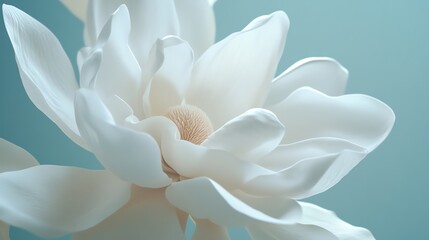 Poster - Beautiful White Flower With Delicate Petals Resting Against a Soft Blue Background in Serene Indoor Setting