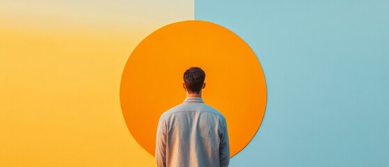 Aufkleber - Bold Minimalist Backdrop Orange and Blue Contrast with Male Subject - Modern Art Installation for Creative Industry and Contemporary Visual Marketing Strategies