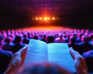 Fototapete - Tech-Infused Conference Experience Audience in Rows, Illuminated Stage and Visual Projections Dynamic Business Events and Corporate Knowledge Sharing