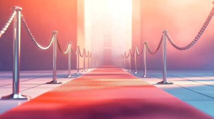 Poster - Red carpet with silver chrome. Macro lens, blurred background of people in suits at the entrance to an event or ceremony.