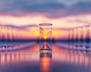 Poster - Minimalist Laboratory Reflections Crystal Glass Vessel in Sunset Glow - Visual Storytelling for Scientific Marketing and Urban Aesthetic in Medical Innovations