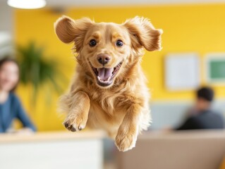 Poster - Vibrant Pet-Friendly Workspace Energetic Dog Leaping Amidst Playful Accessories in Modern South Korean Office - Enhancing Work Culture and Productivity in Business Innovation