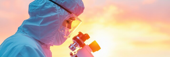 Poster - Futuristic Lab Research Scientist in Sterile Suit Using Advanced Microscope at Sunset - Pioneering Medical Innovations and High-Tech Scientific Visualization for Healthcare Breakthroughs