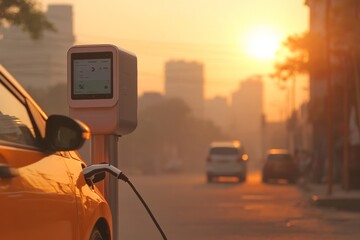 Poster - Futuristic Urban Green Mobility South Asian Professional with Electric Car at Solar Charging Station - Sustainable Commuting and Tech Integration in India