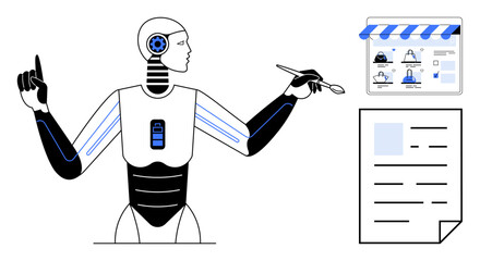 Wall Mural - Humanoid robot holding a stylus, interacting with a tablet. Background shows task list and digital storefront. Ideal for AI creativity, digital art, technology integration, content creation