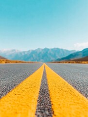 Poster - Rustic Journey Scenic Empty Highway with Double Yellow Lines Leading into Mountainous Horizon - Dynamic Transportation Visuals for Modern Travel Marketing and Business Innovation