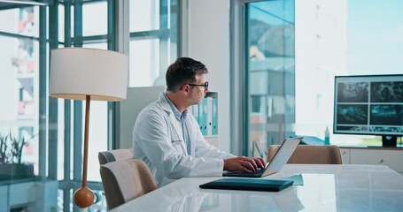 Poster - Healthcare, doctor and man with laptop, research and browsing on web for diagnosis, serious and clinic. Reading, medical professional and person with tech for info, office and online in hospital