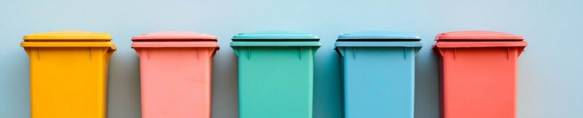 Fototapete - Vibrant Minimalism Colorful Plastic Recycling Bins Against White Wall - Sustainable Design for Eco-Conscious Workspaces and Modern Urban Environmental Solutions