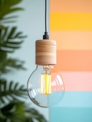 Poster - Mid-Century Modern Light Bulb with Wooden Socket Hanging Against Colorful Palette - Illuminating Interior Design for Creative Spaces and Energetic Retail Environments