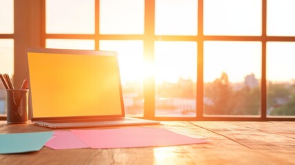 Fototapete - Sunlit Contemporary Workspace Rustic Wooden Desk with Laptops and Paper at Sunrise Empowering Business Growth and Collaborative Innovation in Modern Offices
