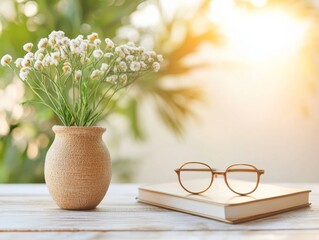 Poster - Scandinavian Home Office Beige Ceramic Vase with Spring Flowers and Glasses on Wooden Desk - Inspirational Design for Creative Workspaces and Digital Innovation
