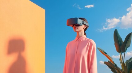 Fototapete - Futuristic Virtual Reality Experience Woman in VR Headset Amidst Geometric Backdrop - Tech-Driven Entertainment and Immersive Digital Experiences in Modern Media