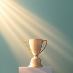 Poster - minimalist victory trophy display matte gold championship cup on podium with dramatic spotlight - co