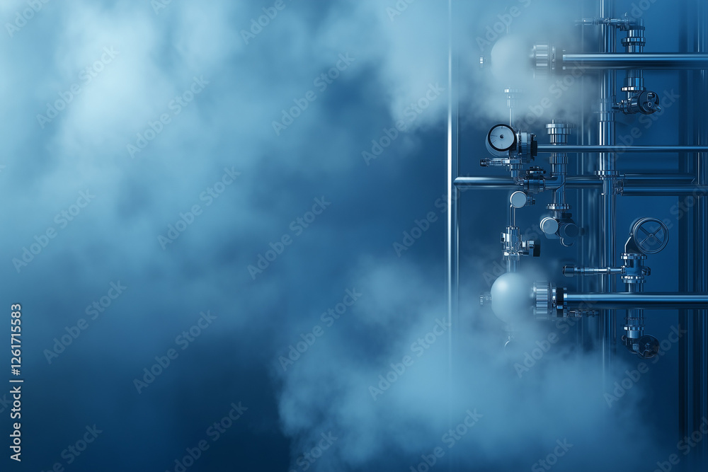 Steel pipes of the pipeline system in steam background. Stock Photo ...