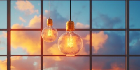 Poster - Modern Minimalist Lighting Contemporary Glass Bulbs with Sunset Reflections in Urban Office Space - Innovative Design for Professional Ambiance and Creative Workspace Inspiration