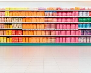 Poster - Vibrant Supermarket Aisle Colorful Shelved Products Under Fluorescent Lights - Retail Design Inspiration and Consumer Experience Enhancement in Modern Grocery Marketing