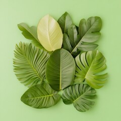 Poster - Modern Botanical Decor Tropical Leaf Collage on Seamless Green Backdrop - Biophilic Design for Creative Content and Eco-Friendly Interior Styling