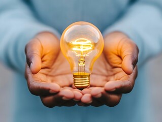Leinwandbilder - Ethereal Innovation Glowing Lightbulb in Open Hands - Illuminated Energy Spark for Creative Marketing and Business Growth in Tech Industries