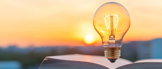 Fototapete - Educational Inspiration Illuminated Book with Lightbulb and Sunrise - Knowledge Empowerment in Modern Learning Spaces, Visual Storytelling for Academic Innovation