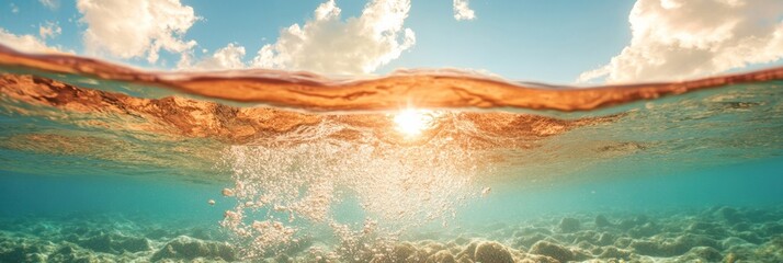 Poster - Contemporary Split-Level Seascape Natural Water Textures and Sunlight, Ocean Interface for Environmental Content - Eco-Friendly Design and Marine Conservation Marketing