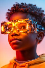 Aufkleber - Futuristic Tech Eyewear Young Innovator Wearing Circuit Lens with LED Glow - STEM Learning and Creative Robotics for Youth Tech Empowerment