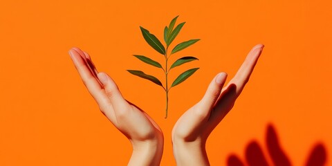 Aufkleber - Vibrant Minimalism Hands Cradling Sapling Against Bold Orange Background for Eco-Inspired Branding in Sustainable Marketing and Growth Visual Content