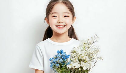 Wall Mural - A Happy Child Holding a Beautiful Bouquet of Colorful Flowers Against a Simple Background