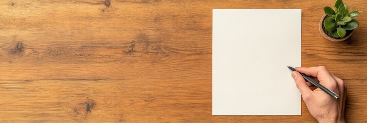 Poster - Rustic Contemporary Desk Scene Document Preparation and Signature with Pen on Wooden Surface - Professional Contract Ideation for Business Growth and Strategy