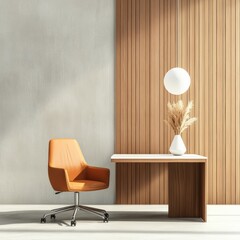 Poster - Scandinavian Office Chic Modern Ergonomic Leather Chair and Sleek Wooden Desk, Enhancing Professional Aesthetics and Comfort for Business Innovation