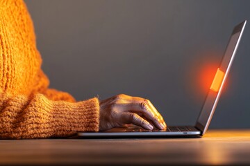 Poster - Cyber Chic Workspace Korean Female (30s) Engaging with Cybersecurity Alert on Sleek Metal Laptop - Remote Work Security Solutions and Digital Safety Awareness