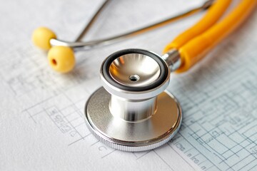 Leinwandbilder - Modern Medical Insight Yellow Stethoscope on Diagnostic Charts - Professional Healthcare Equipment for Innovative Clinical Practices and Enhanced Patient Engagement