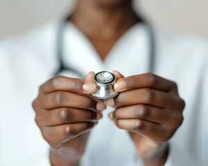 Poster - Modern Medical Commitment Black Woman Doctors Hands with Stethoscope in Clean Hospital Setting - Healthcare Branding and Diagnostic Promotion