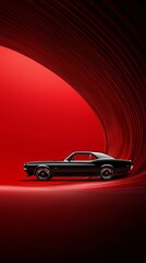 Poster - a classic muscle car driving through a wormhole, blending 1970s aesthetics with interdimensional tra