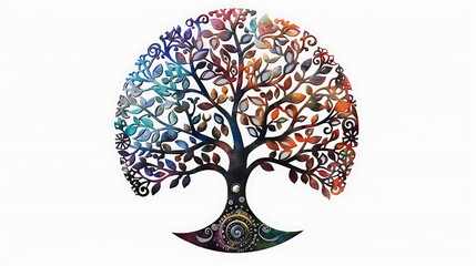 Wall Mural - A striking Tree of Life artwork filled with jewel-toned hues, with intricate mandala patterns within the foliage, symbolizing unity and the cycle of life, set on a plain white background for 