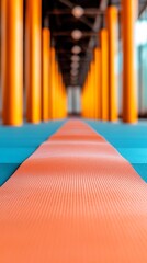 Poster - Vibrant Industrial Gym Orange and Blue Fitness Mats for Group Classes - Energizing Wellness Content and Dynamic Exercise Motivation in Modern Fitness Studios