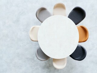 Poster - Modern Minimalist Meeting Space Oval Marble Table with Multicolored Fabric Chairs - Stylish Office Design and Collaborative Workspace Concept for Healthcare Teams