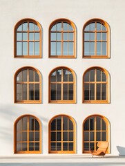 Poster - Sleek Mid-Century Modern Building Facade with Arched Wooden Windows and Minimalist Design - Architectural for Real Estate and Contemporary Urban Development Content