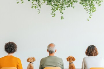 Poster - Pet-Friendly Coworking Oasis Diverse Team with Leash-Free Dogs in Bright Workspace, Enhanced by Indoor Greenery - Modern Social Collaboration and Inclusive Office Design Trends