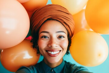 Aufkleber - Vibrant Diversity in Modern Workplace Multicultural Team Celebrates Inclusivity and Connection with Balloons in Corporate Break Room - Capturing Personal Moments for Social Engagement