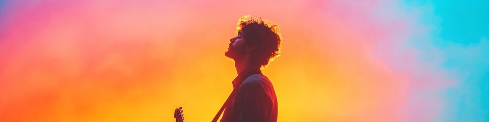 Poster - Vibrant Acoustic Performance Aesthetic Silhouetted Musician with Guitar Against Colorful Sky - Live Event Promotion and Authentic Concert Content for Entertainment Marketing