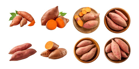 Wall Mural - Fresh Sweet Potatoes Collection with Whole, Sliced, and Cut Pieces