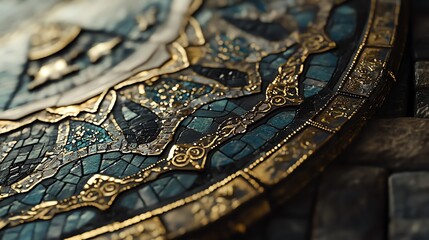 Poster - Intricate Mosaic Artwork Made of Glass and Gold Detailing on a Circular Surface Captured in Natural Light